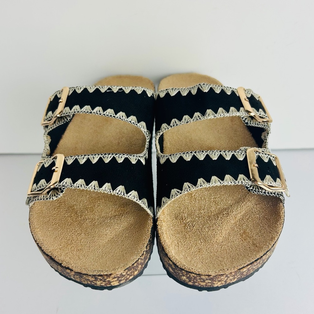 NWT Niki Slip On Sandals Women's 10 Black Double Strap Gold Buckles Embroidered